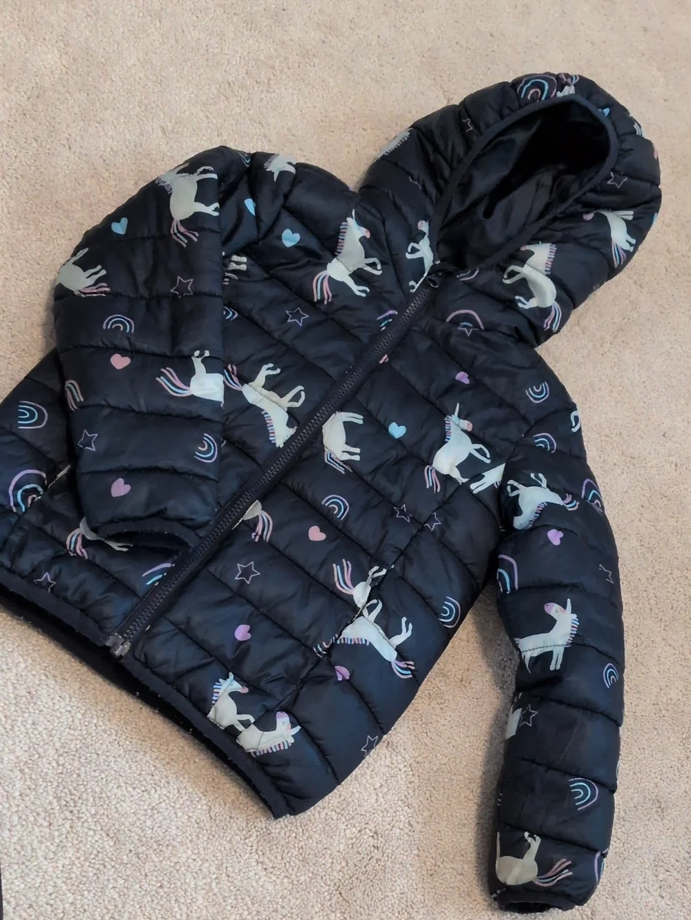 Girls' Black Unicorn Puffer Jacket with Hood (5-6Y)